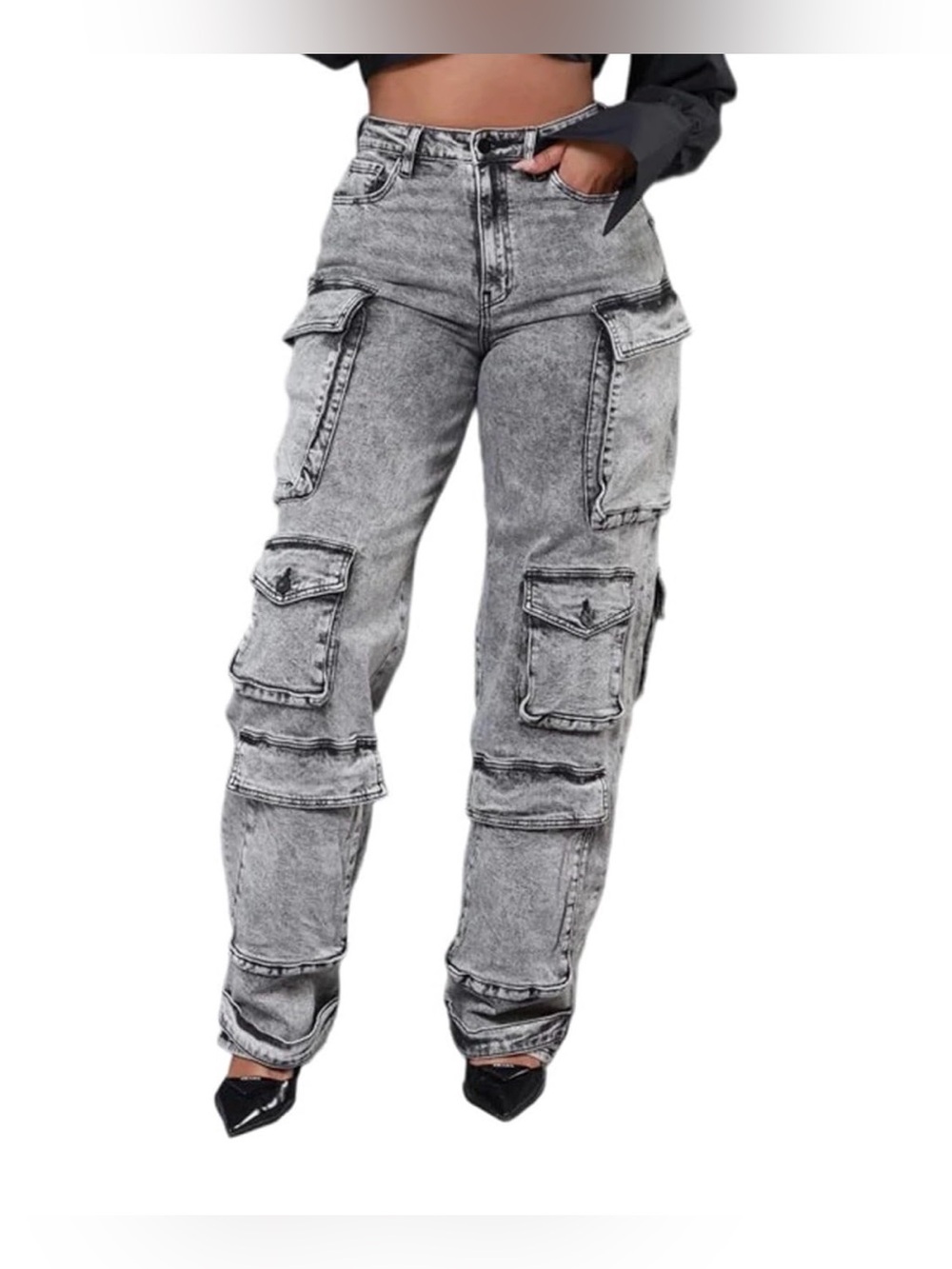 High-Waist Grey Cargo pockets Jeans 👖- chose size S-xxl
